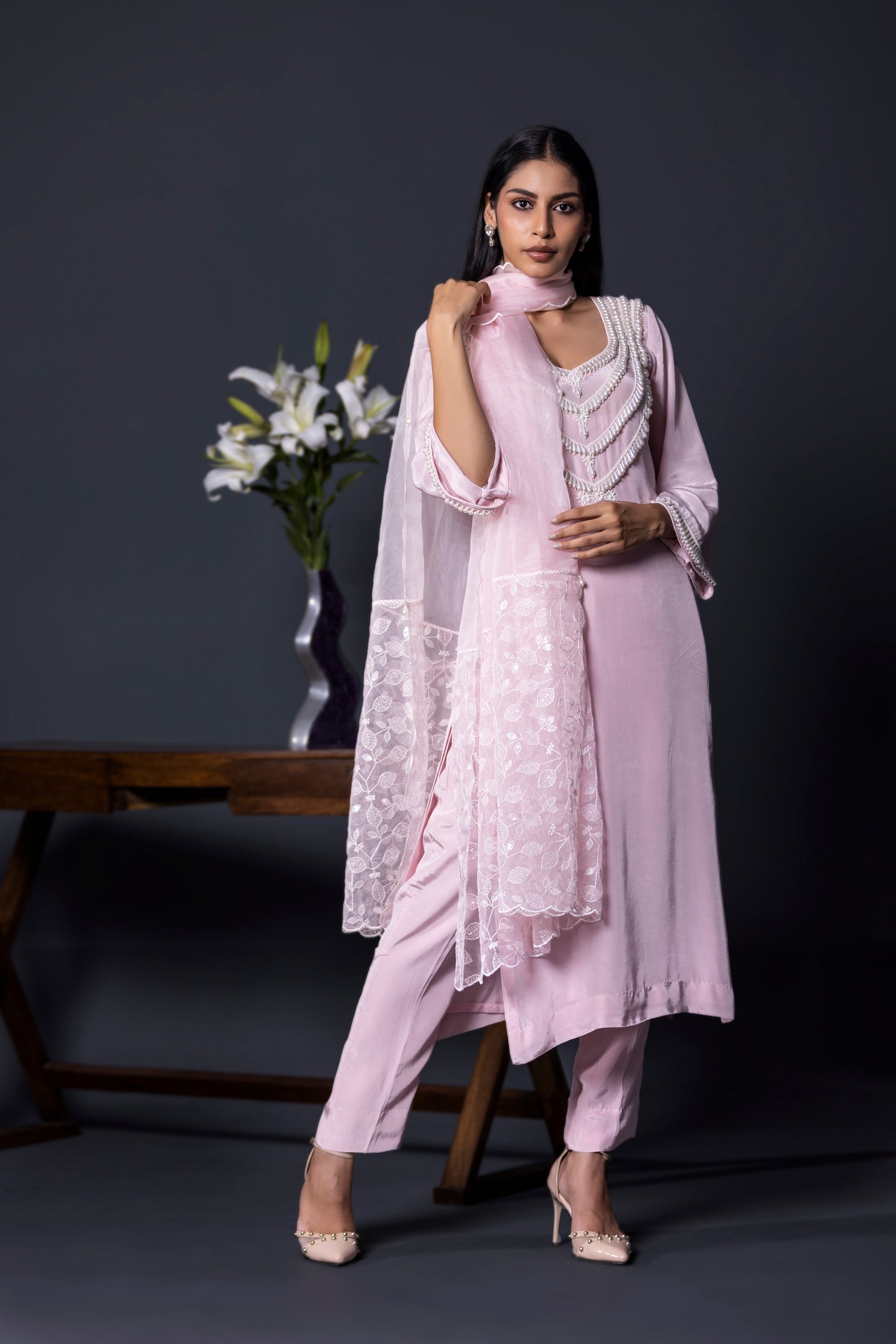 Lilac Crepe Kurta Pants and Dupatta