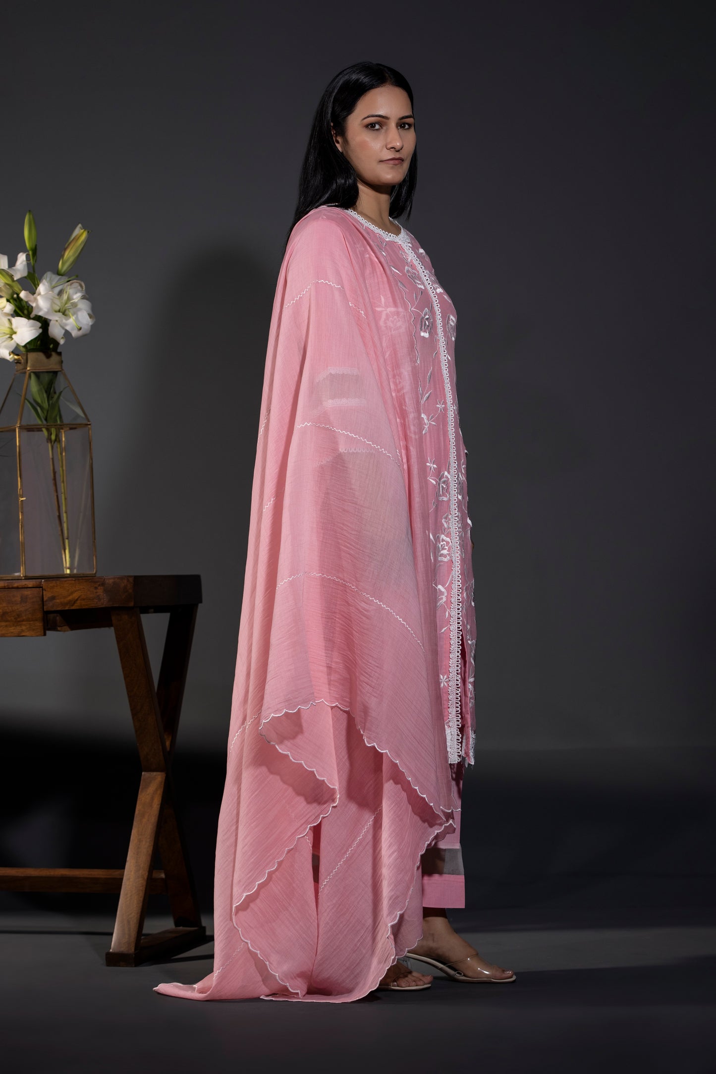Rose laces Pure Chanderi Kurta Pakistani Pants and Dupatta (Set of 3)