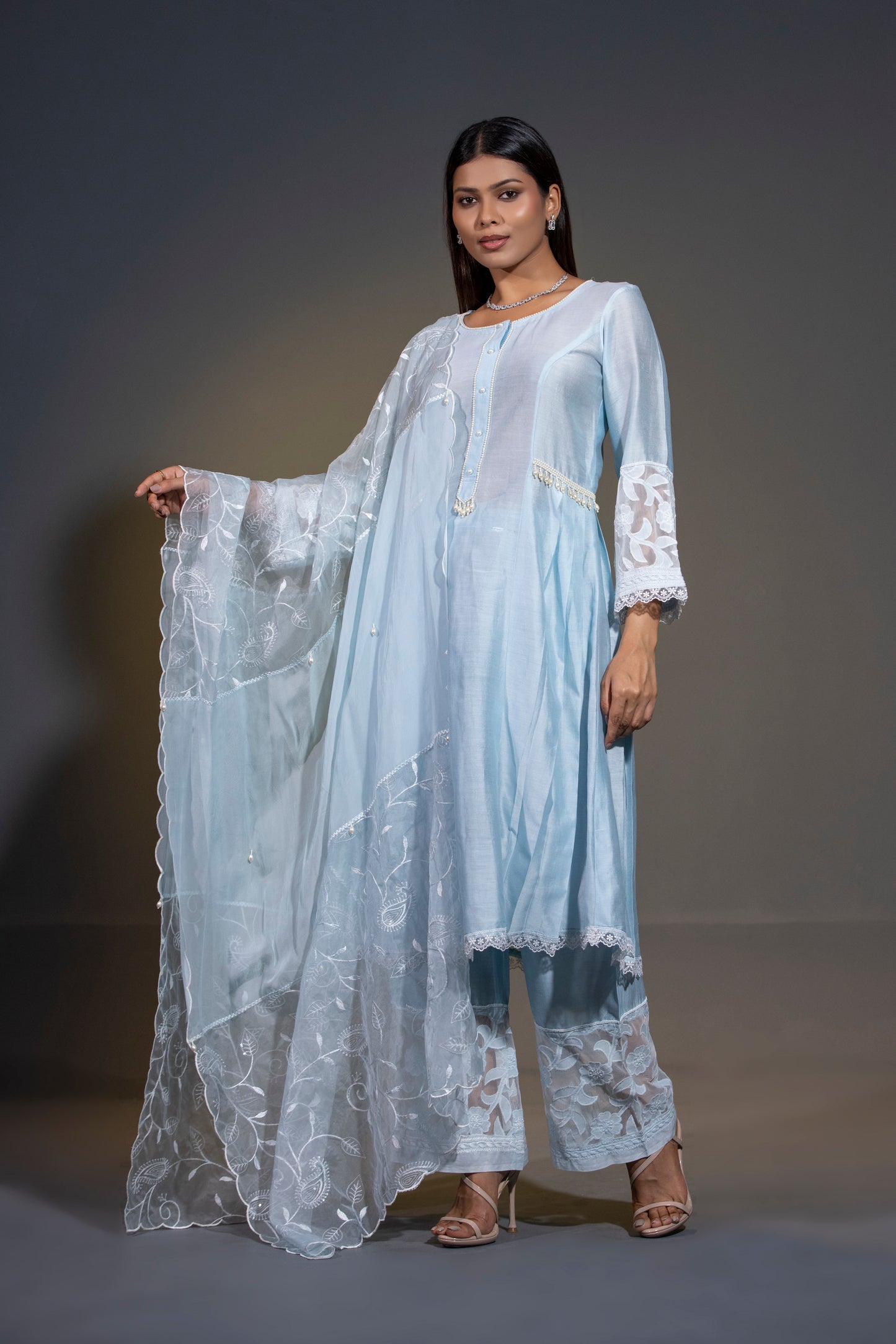 Pure Chanderi Silk A-Line Kurta with Pants and Dupatta