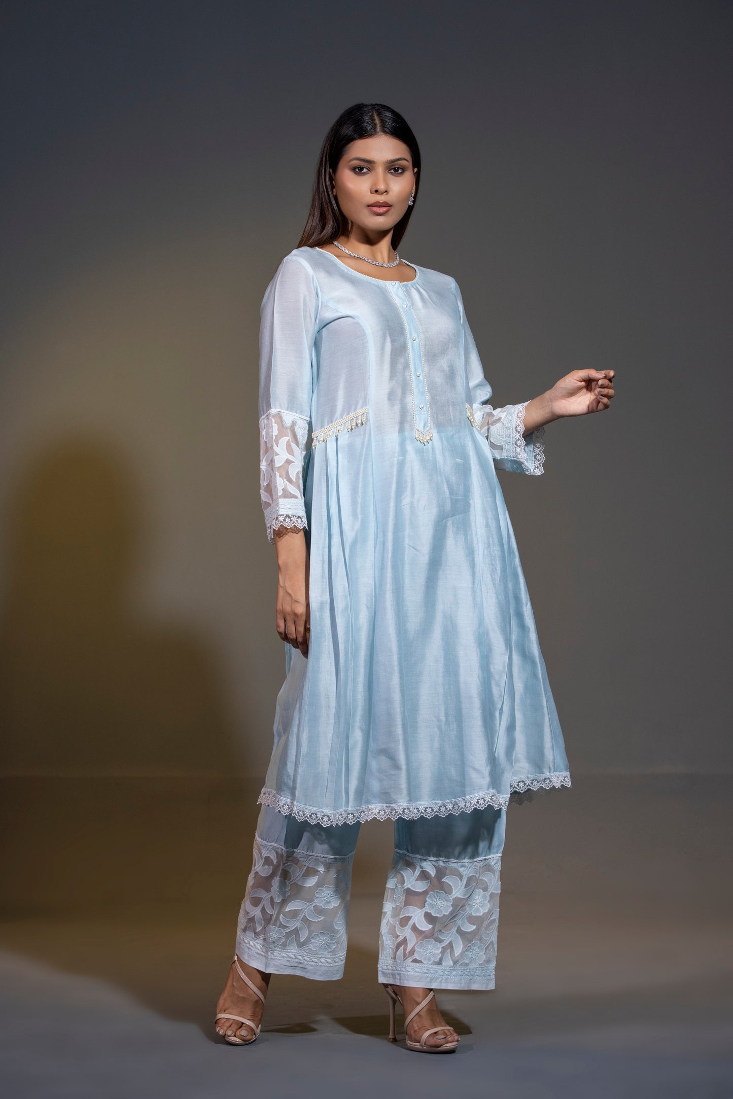 Pure Chanderi Silk A-Line Kurta with Pants and Dupatta