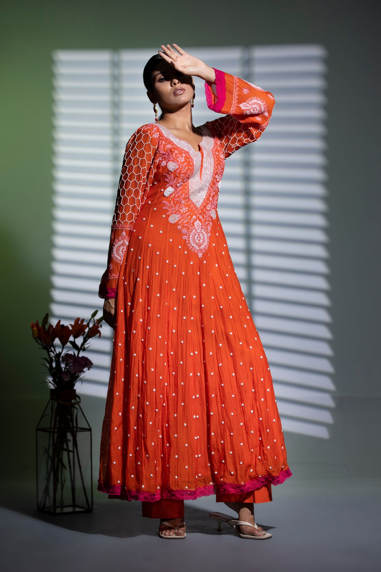 Kesariya Anarkali with Pants and Majenta dupatta