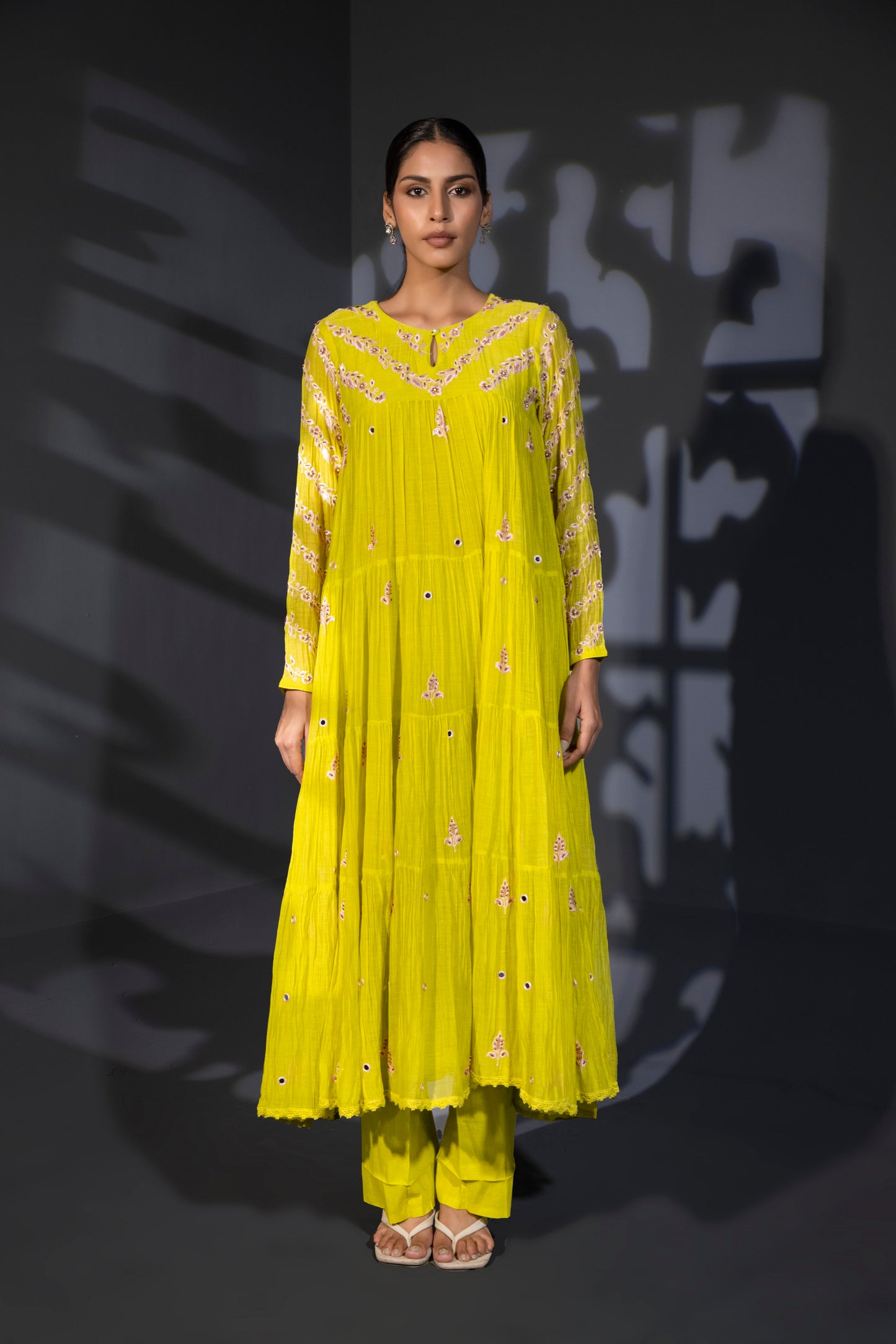 Neon Green Tiered Anarkali with Pants and Dupatta