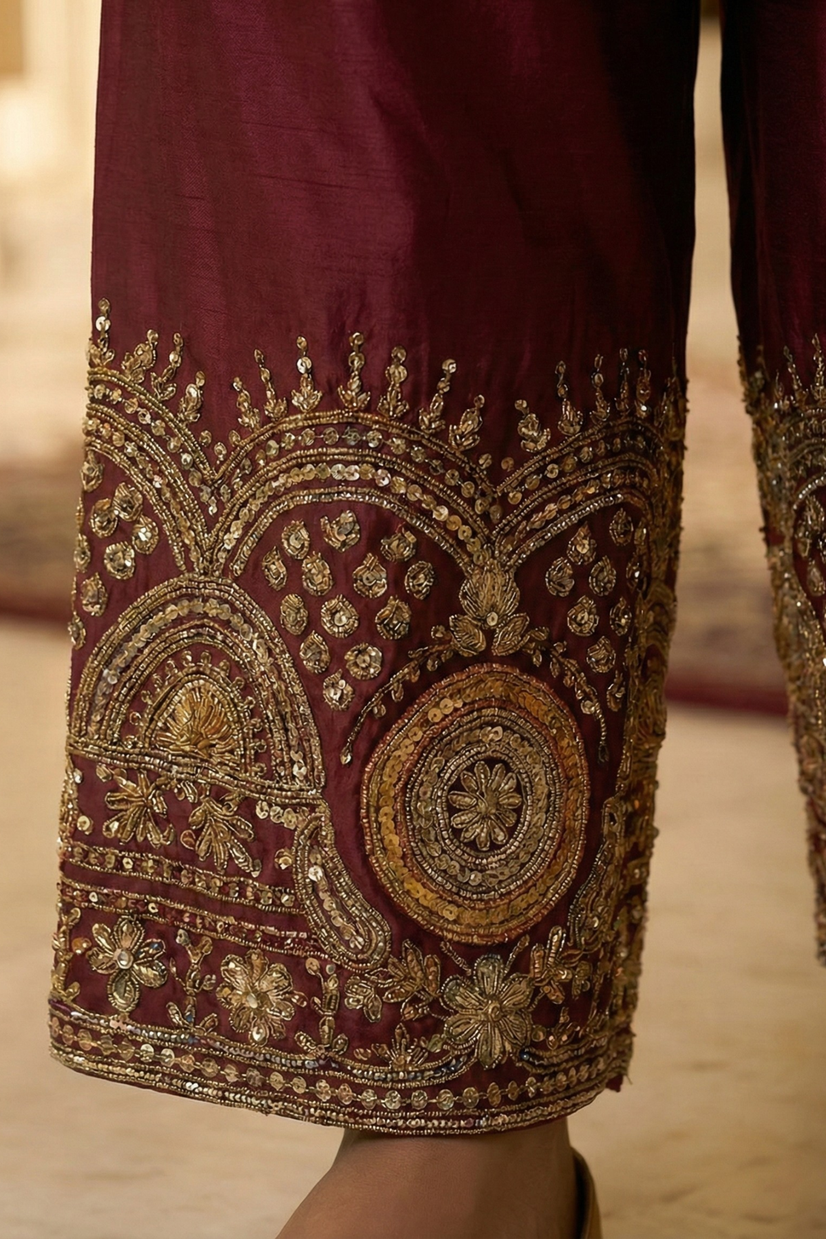 Royal Maroon Straight Kurta Set with Dabka, Sequin & Cutdana Work