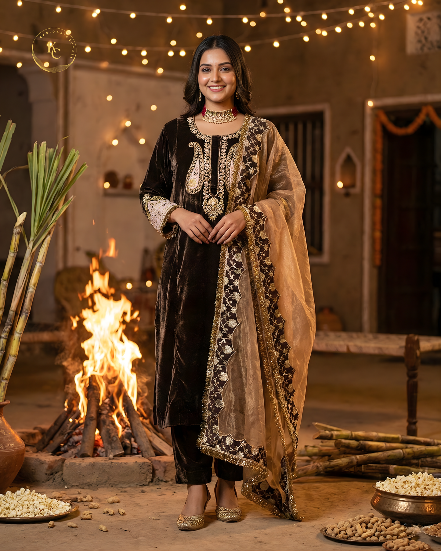 Brown velvet kurta set with tissue dupatta
