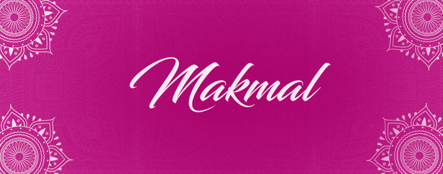 Makmal text on a vibrant pink background with mandala embroidery patterns, Shweta Dabas ethnic wear.