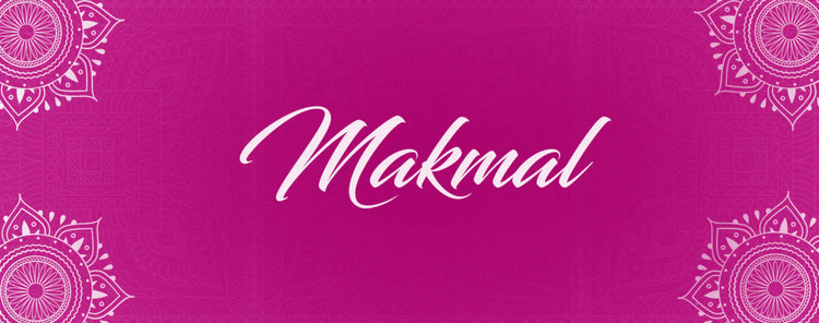 Makmal text on a vibrant pink background with mandala embroidery patterns, Shweta Dabas ethnic wear.