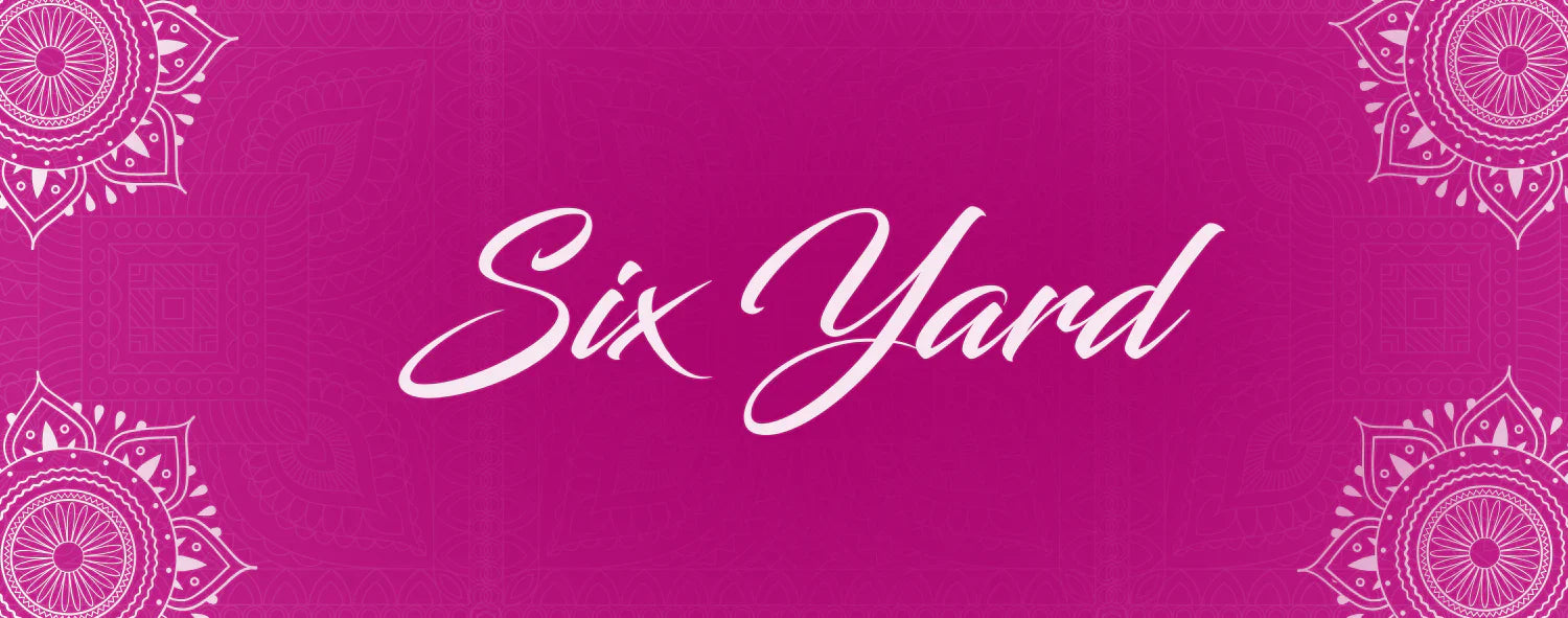 Six Yard bold white script on pink background with ethnic mandala embroidery patterns, Shweta Dabas