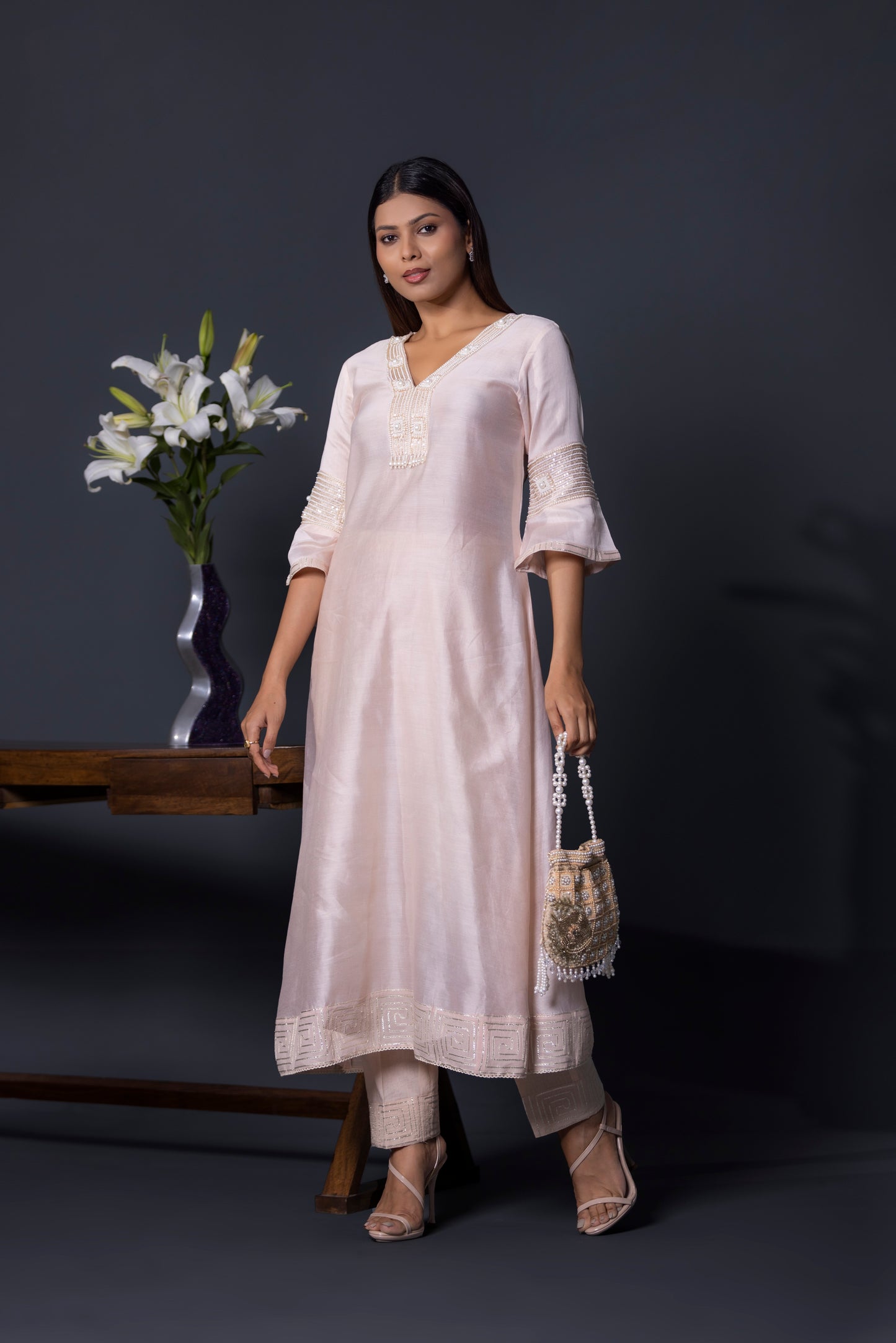 Nude Peach Anarkali with Pants and Dupatta