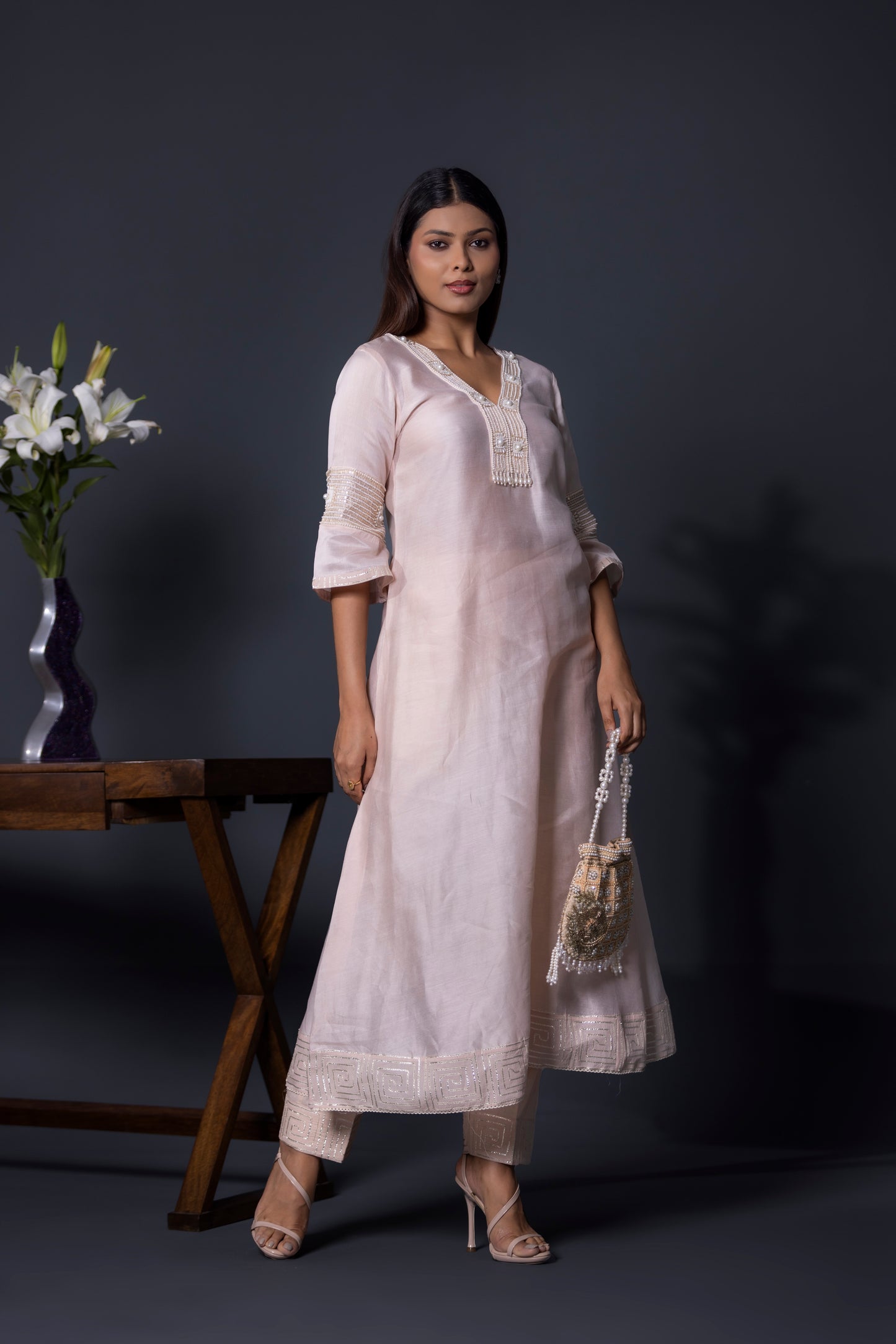 Nude Peach Anarkali with Pants and Dupatta