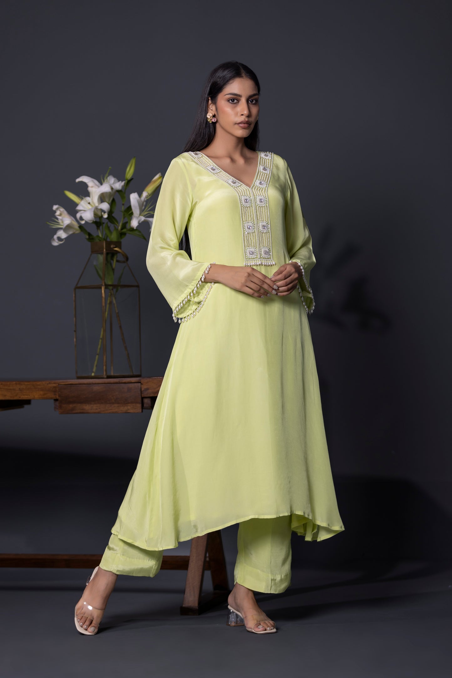 Apple Green Anarkali with Pants and Dupatta