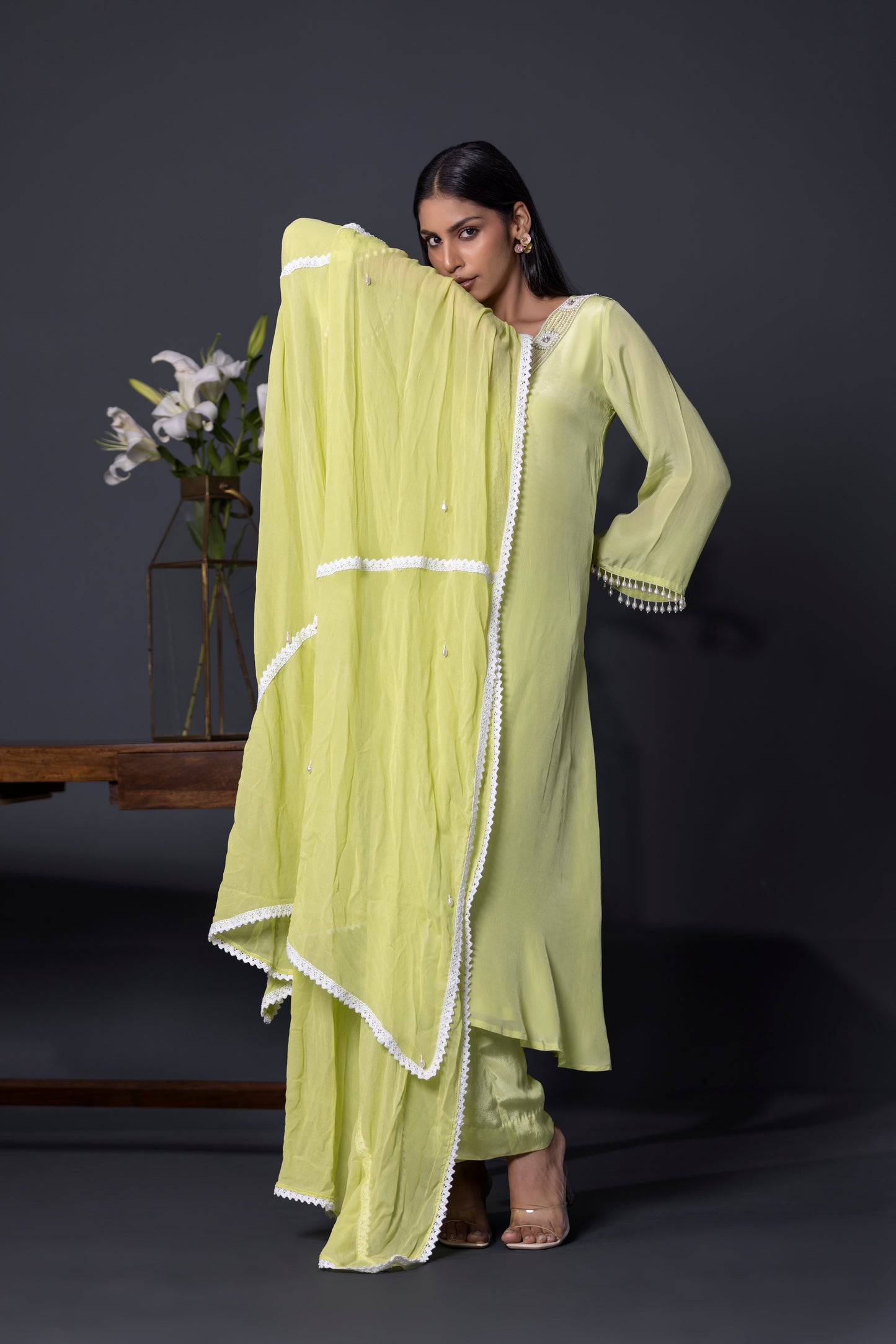 Apple Green Anarkali with Pants and Dupatta