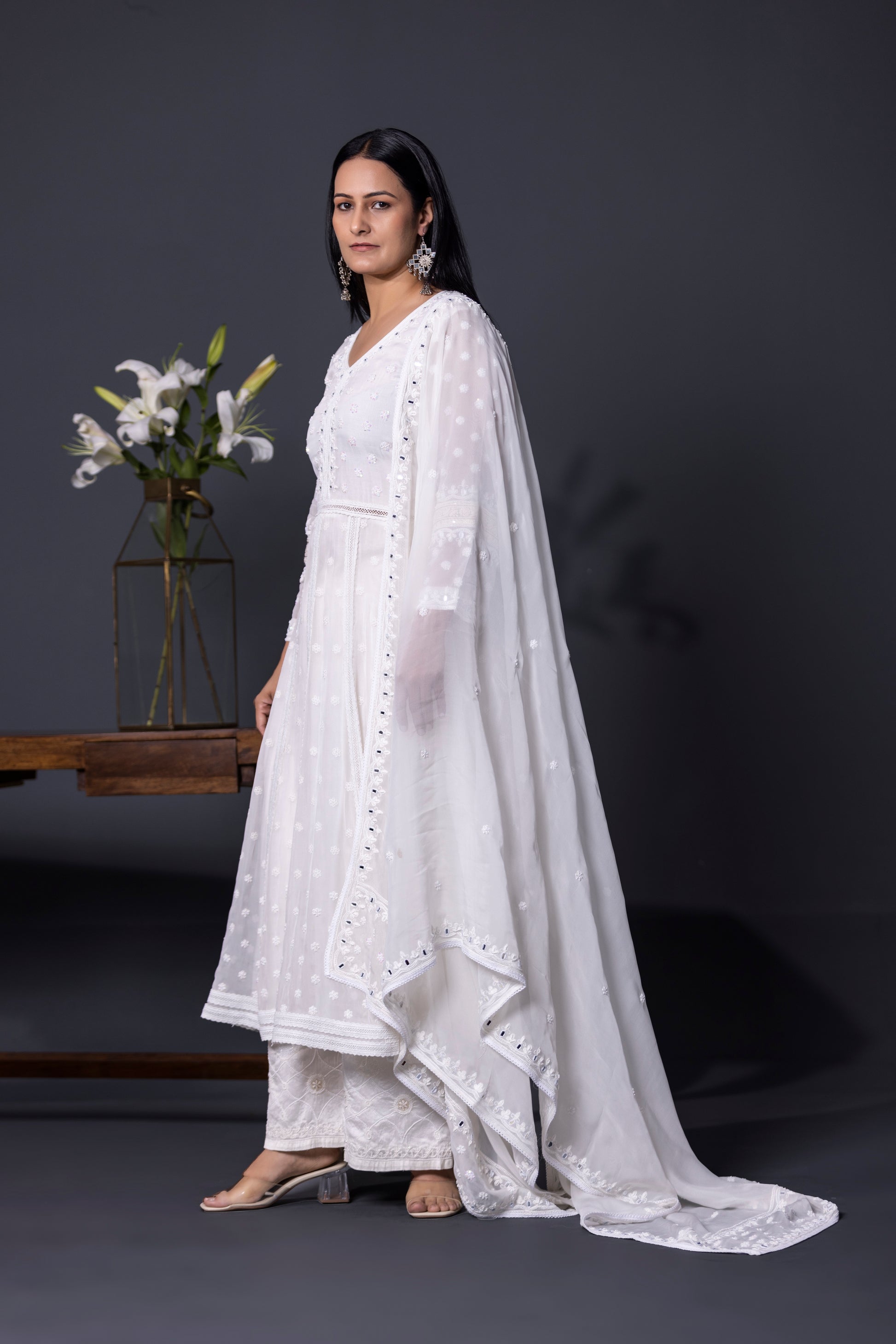 Serine white Anarkali with Pants and Dupatta – Shweta Dabas Serine white Anarkali with Pants and Dupatta – Shweta Dabas