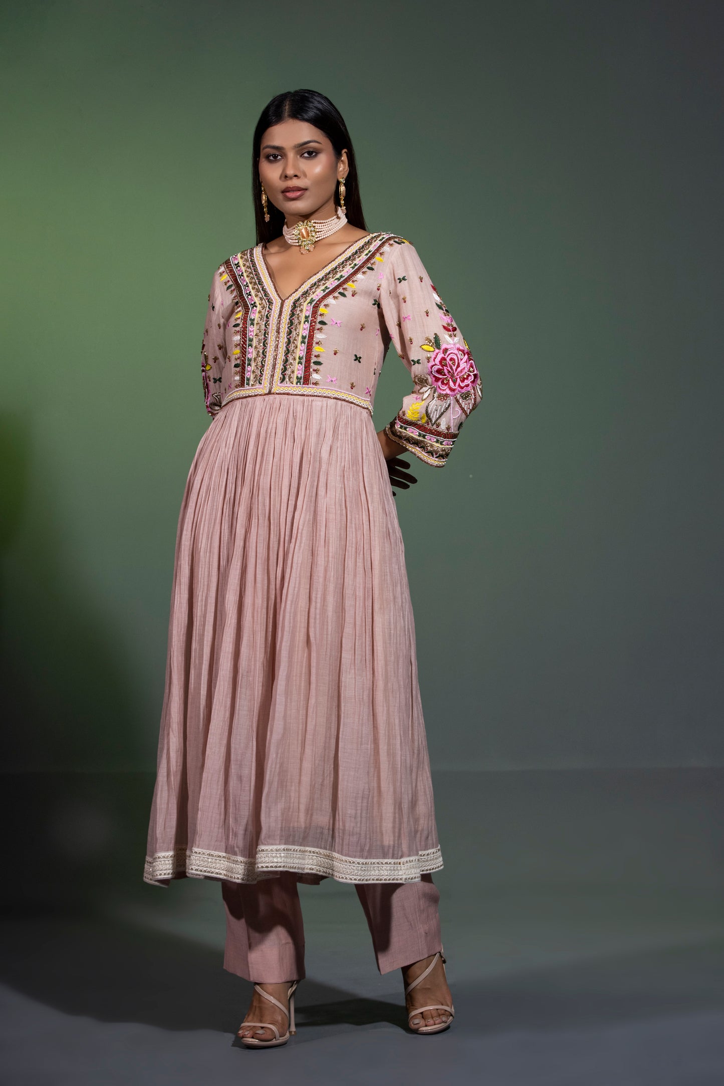 Nude peach Anarkali with Pants and Dupatta