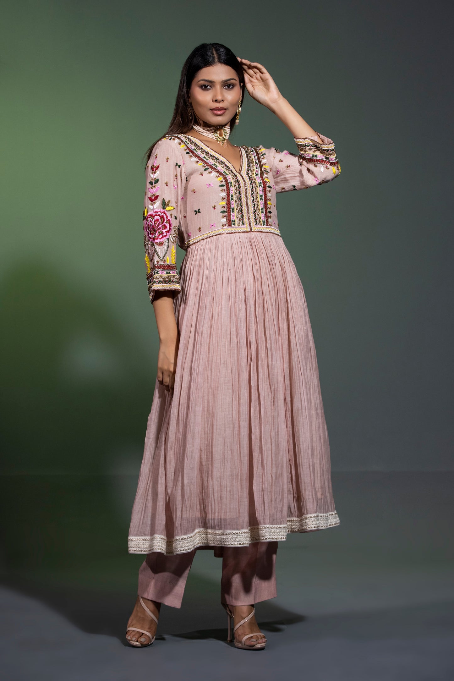 Nude peach Anarkali with Pants and Dupatta