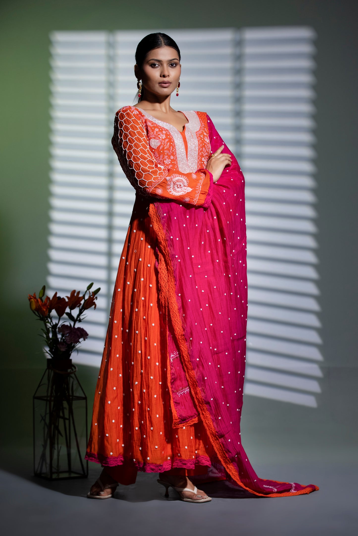Kesariya Anarkali with Pants and Majenta dupatta