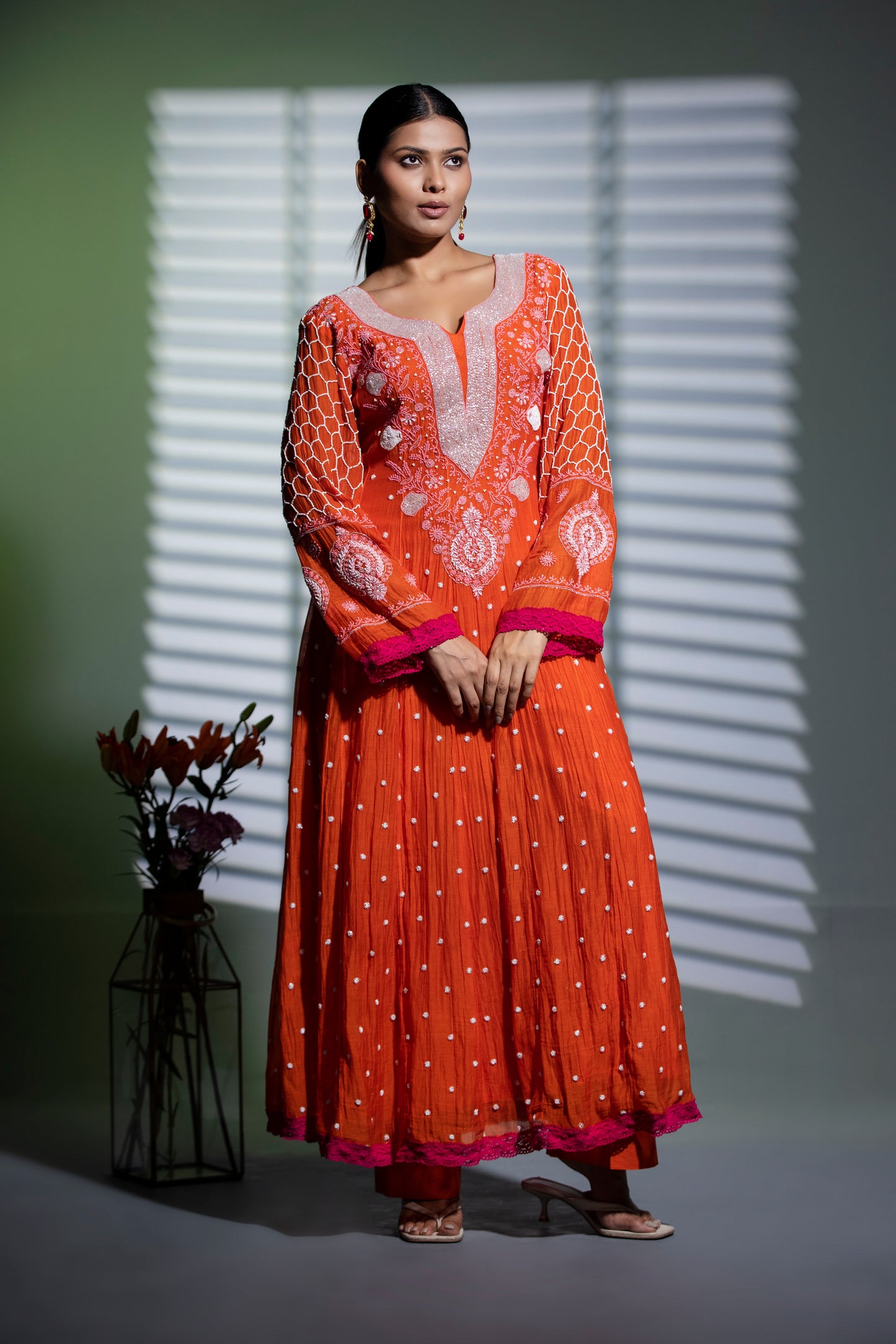 Kesariya Anarkali with Pants and Majenta dupatta