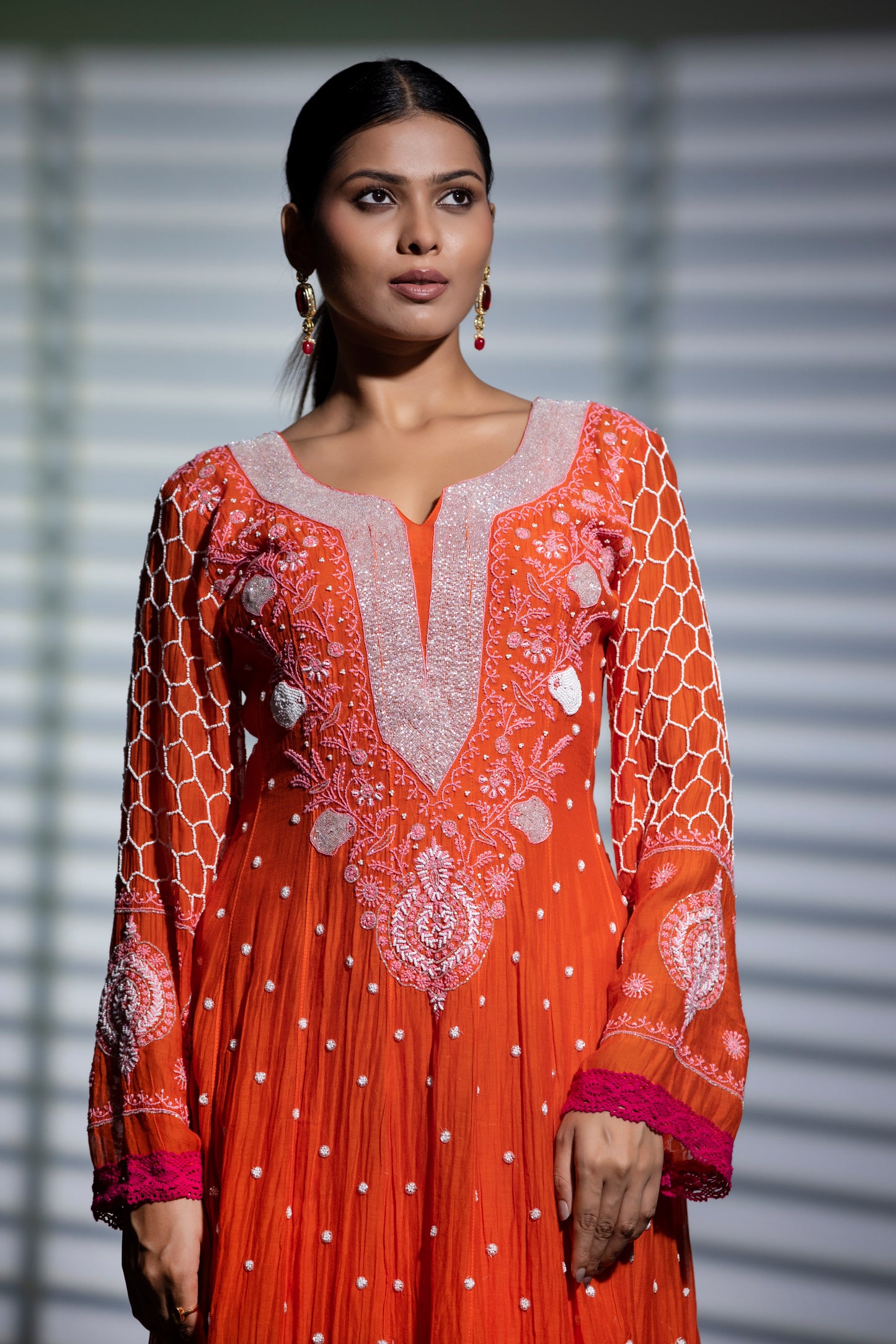 Kesariya Anarkali with Pants and Majenta dupatta