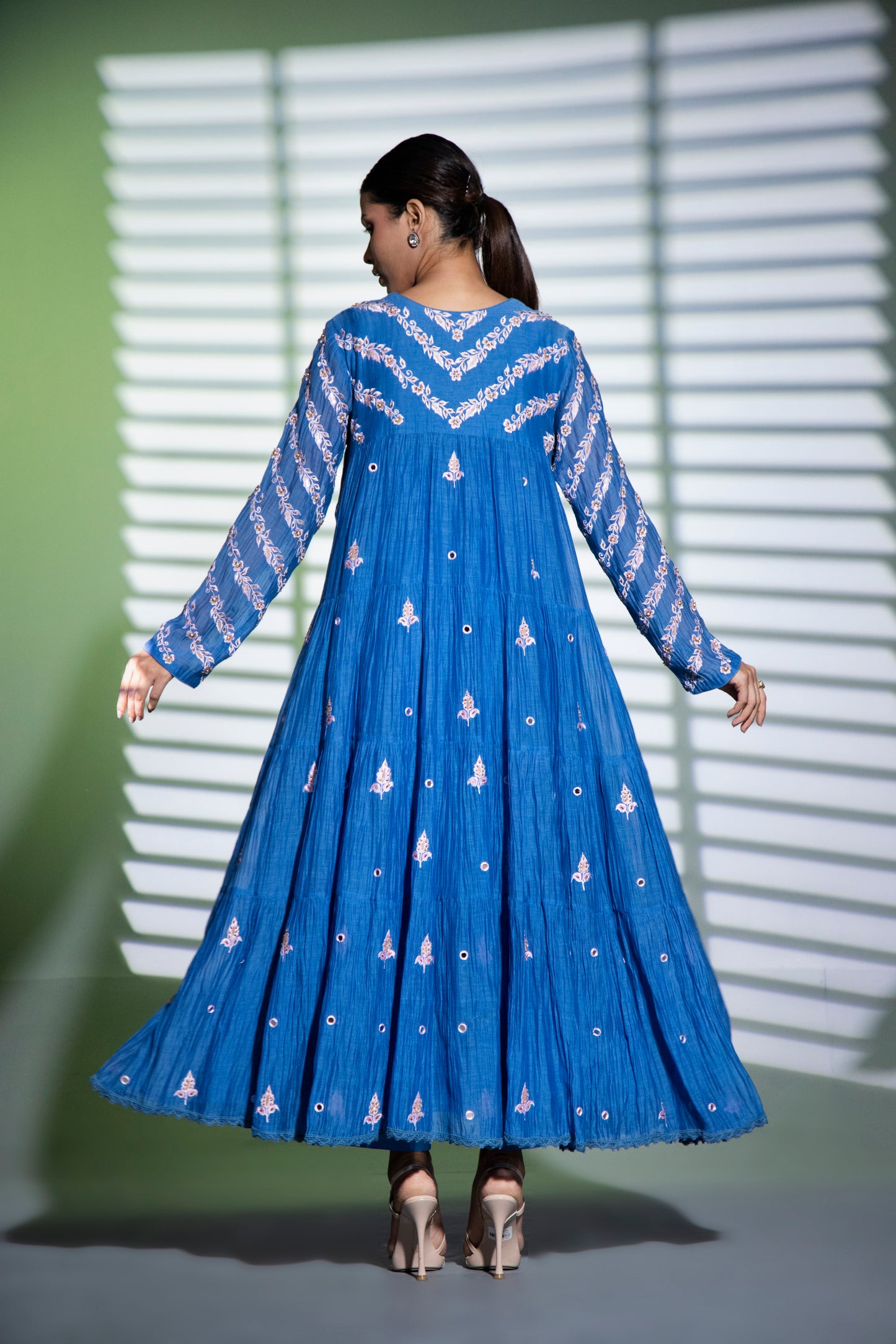 Indigo blue tiered Anarkali with Pants and Dupatta