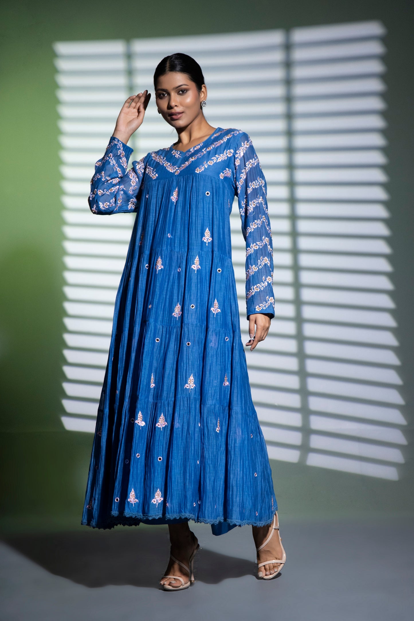Indigo blue tiered Anarkali with Pants and Dupatta