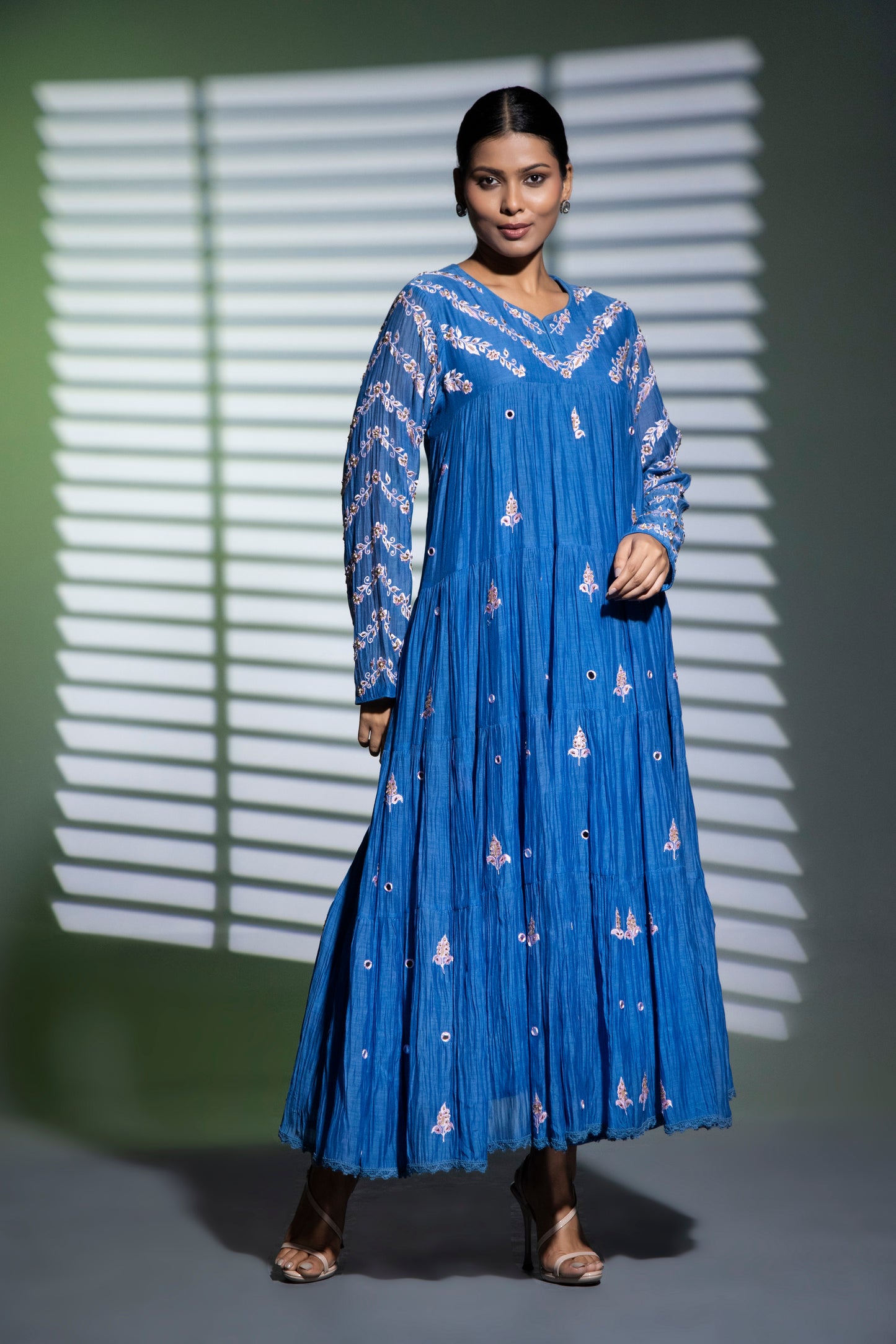 Indigo blue tiered Anarkali with Pants and Dupatta