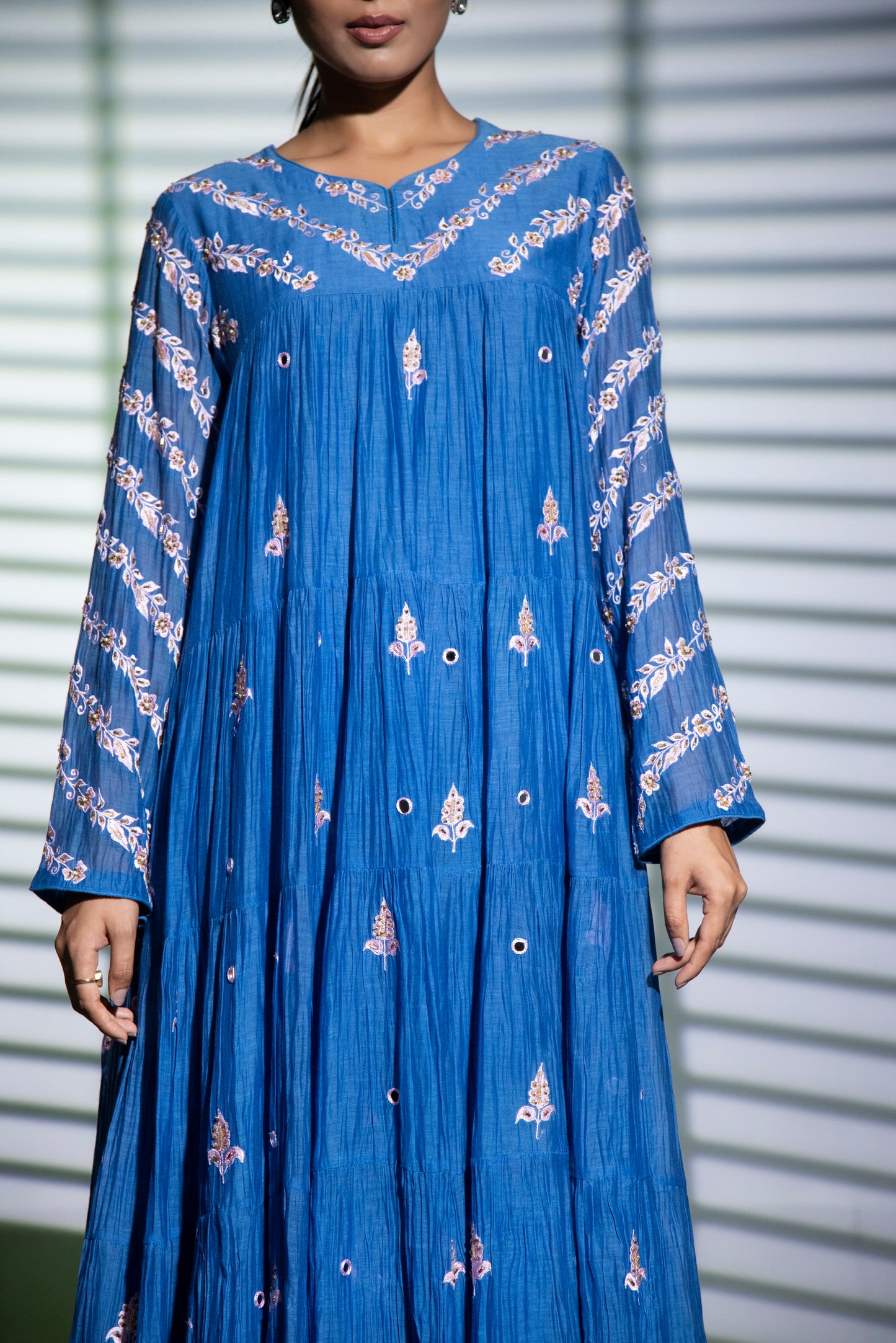 Indigo blue tiered Anarkali with Pants and Dupatta