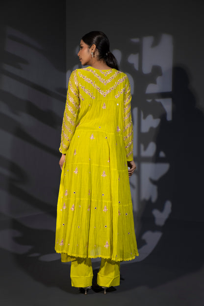Neon Green Tiered Anarkali with Pants and Dupatta