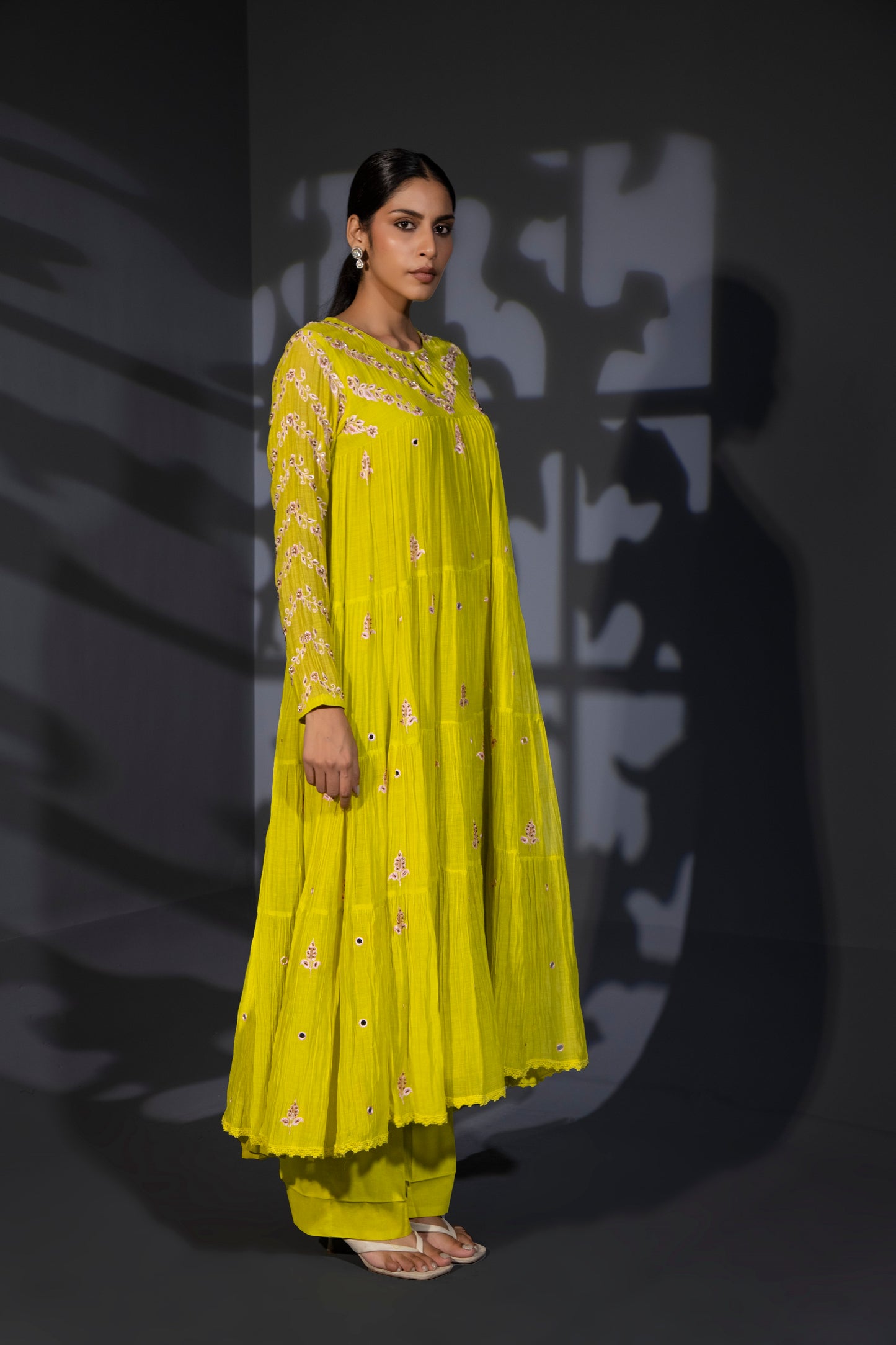 Neon Green Tiered Anarkali with Pants and Dupatta