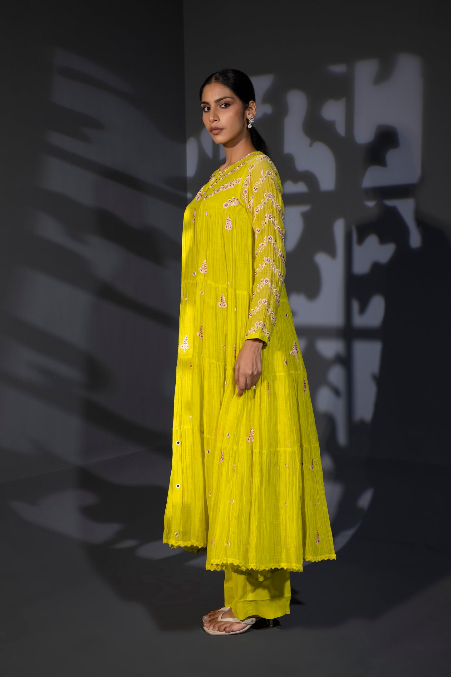 Neon Green Tiered Anarkali with Pants and Dupatta
