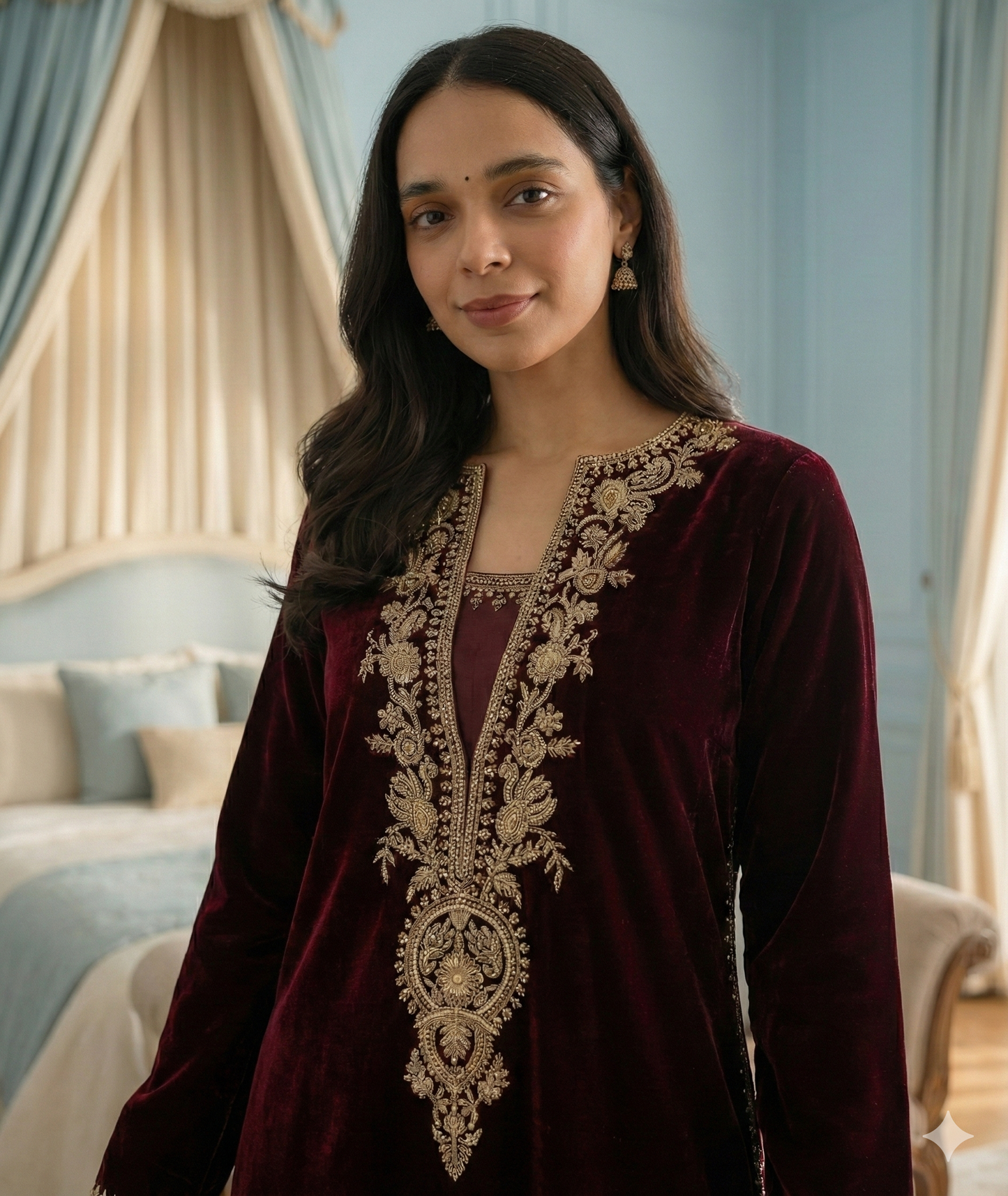maroon silk velvet kurta