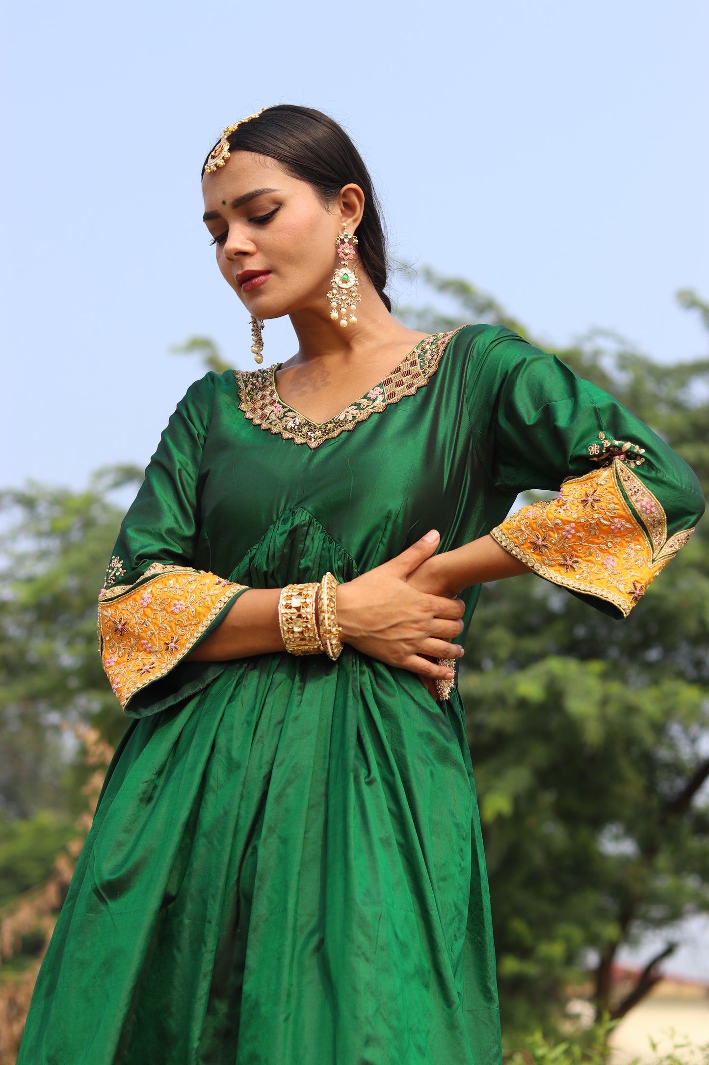 Elegance Redefined Silk Gathered Anarkali With Zari Tissue Dupatta