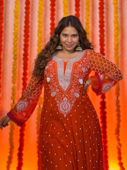 Kesariya Anarkali with Pants and Majenta dupatta