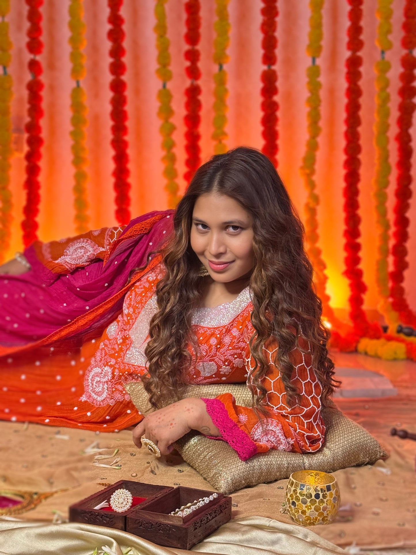 Kesariya Anarkali with Pants and Majenta dupatta