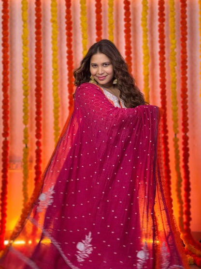 Kesariya Anarkali with Pants and Majenta dupatta