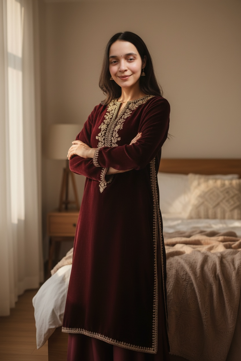 maroon silk velvet kurta
