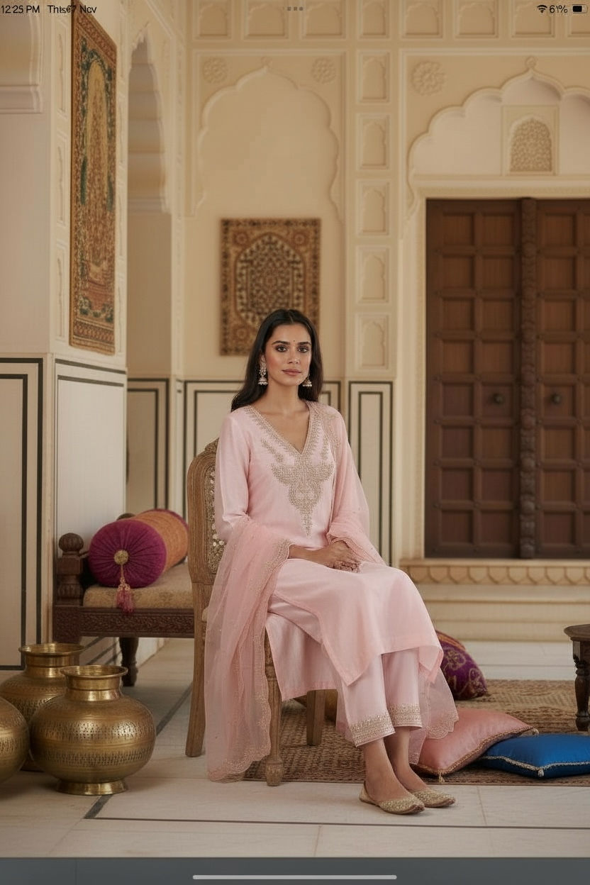 Chanderi silk kurta set with silk organza dupatta