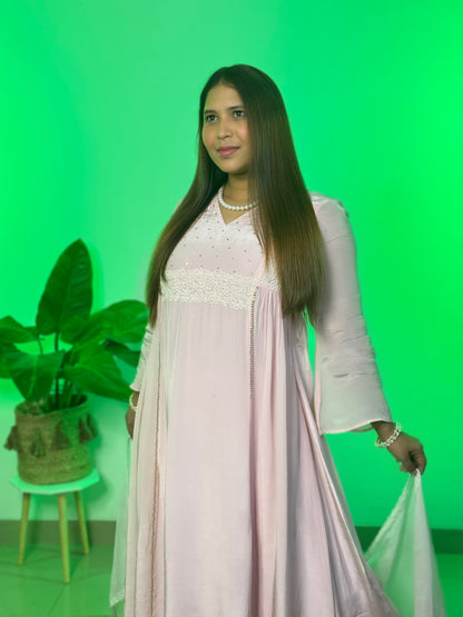 Powder pink Anarkali with Pants and Dupatta