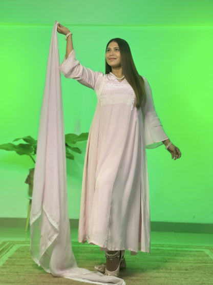 Powder pink Anarkali with Pants and Dupatta