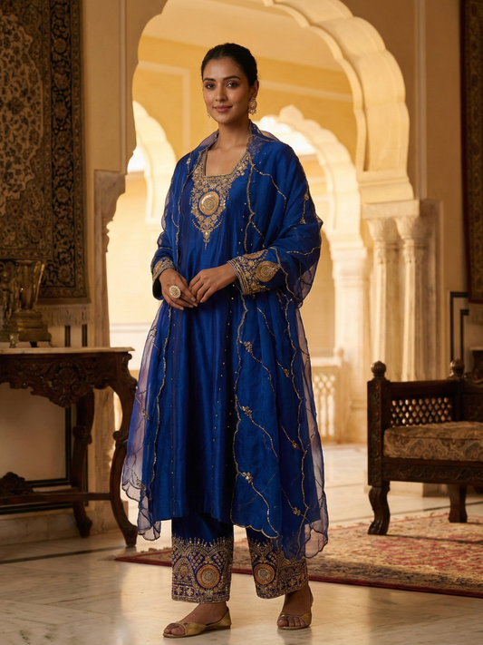 Royal Blue Straight Kurta with Authentic Dabka Work