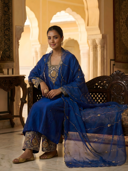 Royal Blue Straight Kurta with Authentic Dabka Work