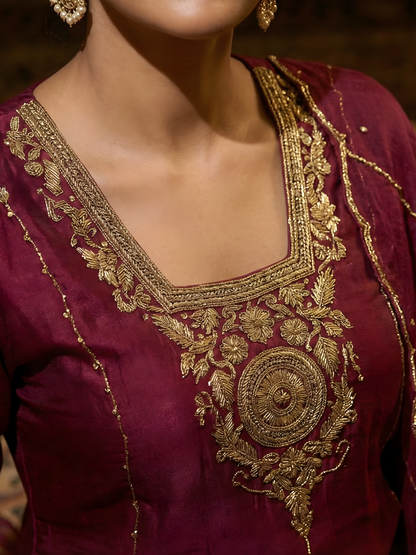 Royal Maroon Straight Kurta Set with Dabka, Sequin &amp; Cutdana Work – by Shweta Dabas