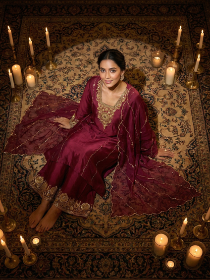 Royal Maroon Straight Kurta Set with Dabka, Sequin &amp; Cutdana Work – by Shweta Dabas