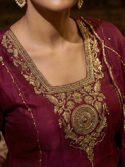 Royal Maroon Straight Kurta Set with Dabka, Sequin &amp; Cutdana Work – by Shweta Dabas