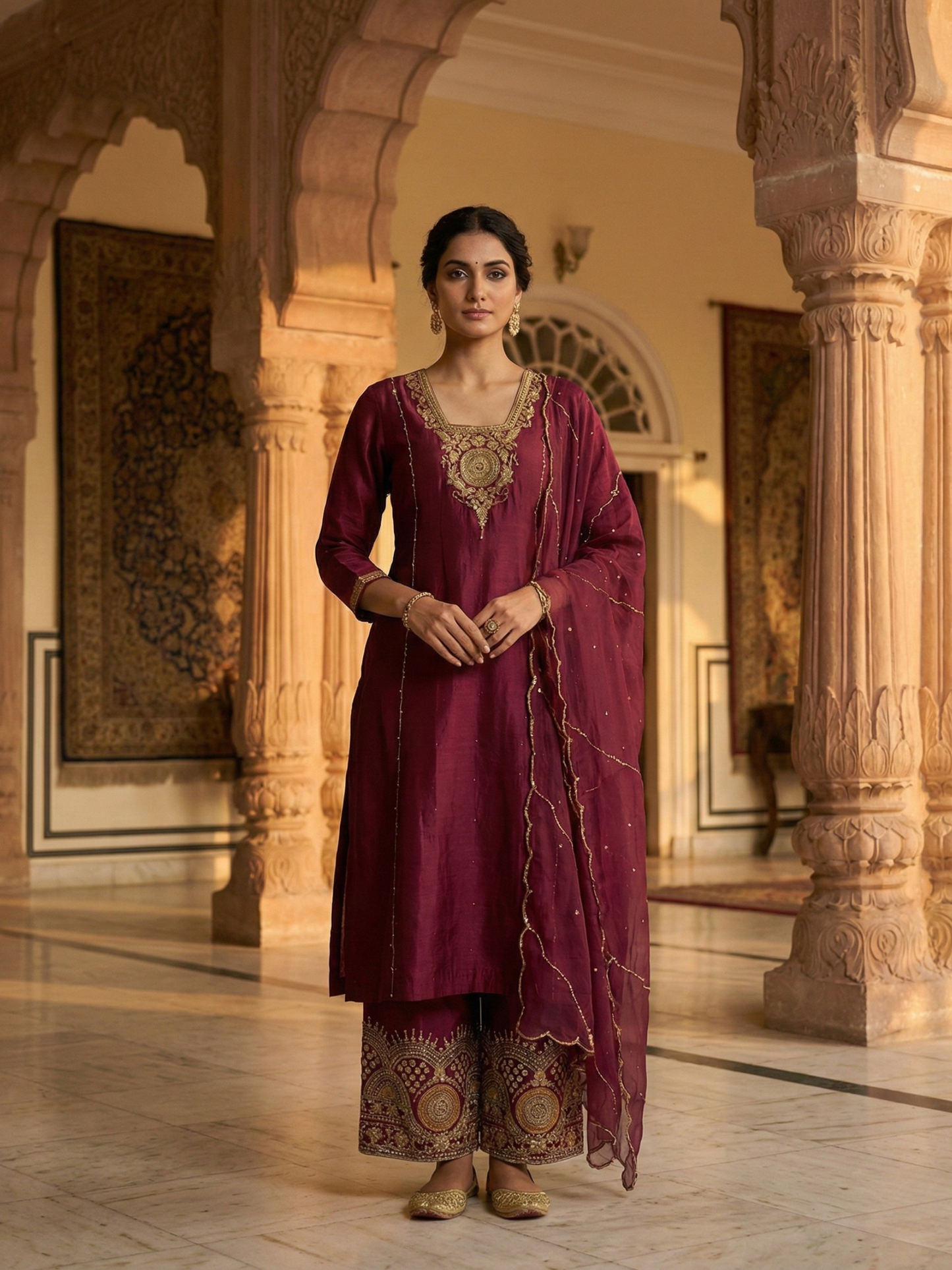 Royal Maroon Straight Kurta Set with Dabka, Sequin &amp; Cutdana Work – by Shweta Dabas