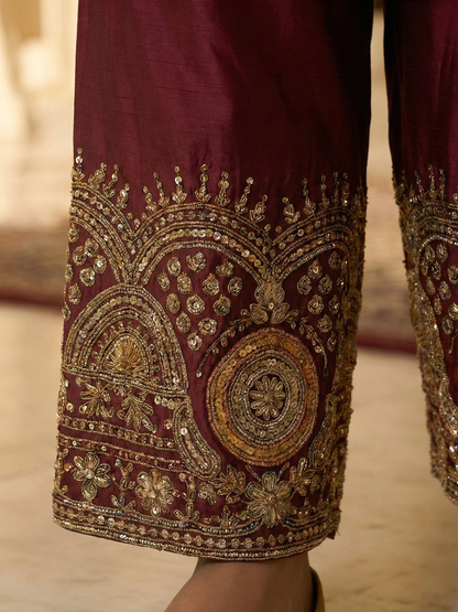 Royal Maroon Straight Kurta Set with Dabka, Sequin &amp; Cutdana Work – by Shweta Dabas