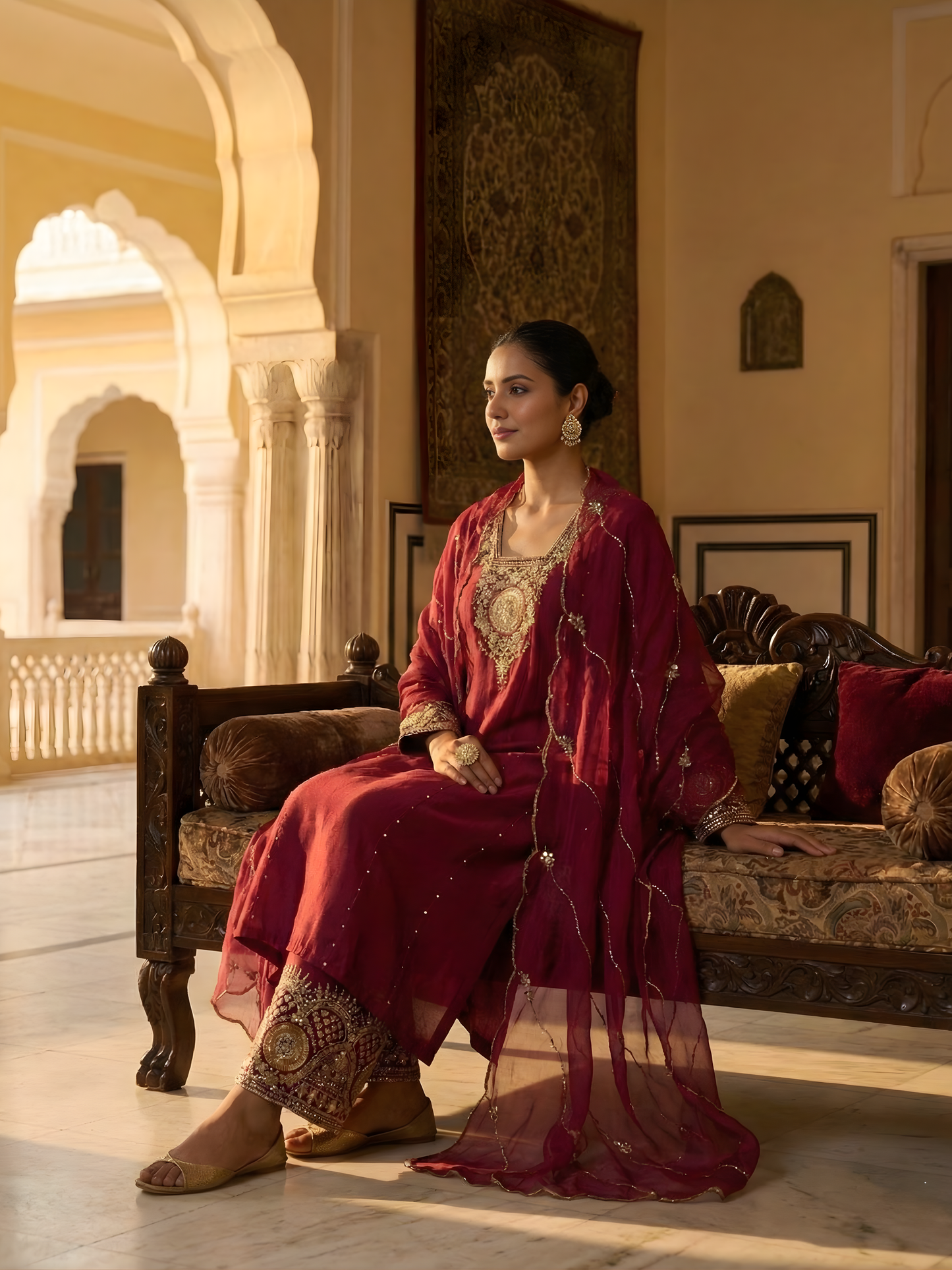 Royal Maroon Straight Kurta Set with Dabka, Sequin &amp; Cutdana Work – by Shweta Dabas