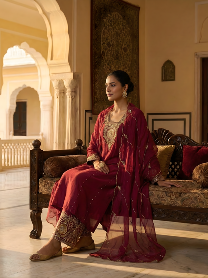 Royal Maroon Straight Kurta Set with Dabka, Sequin &amp; Cutdana Work – by Shweta Dabas
