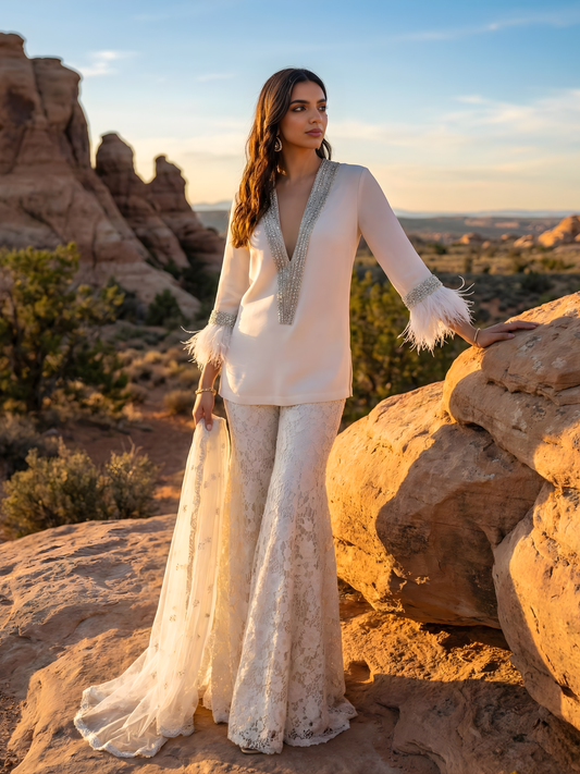 Ivory Crepe Kurta Set with Crystal & Feather Detailing