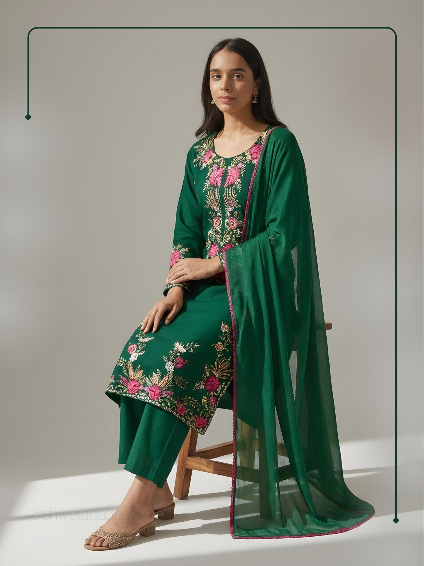 bottle green kurta set with parsi work