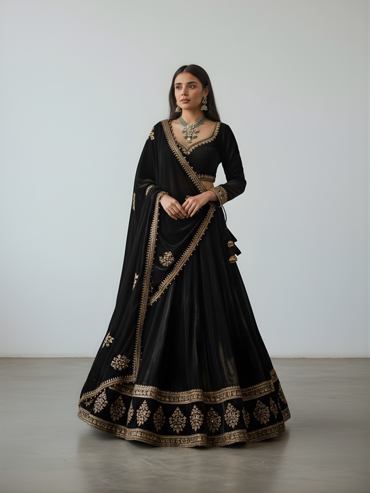 Silk Velvet Lehenga with intricate zardozi handwork