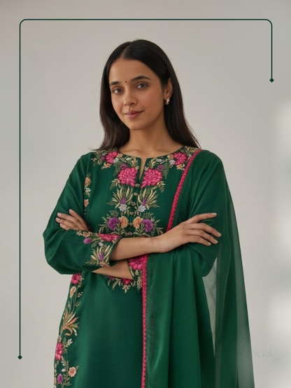 bottle green kurta set with parsi work